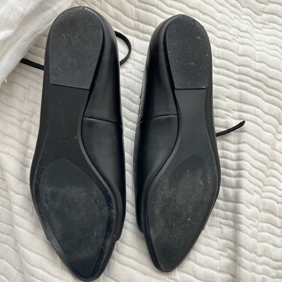 ZARA Flat Open Pointed Toe Black Leather Ballet Flats - Picture 8 of 11